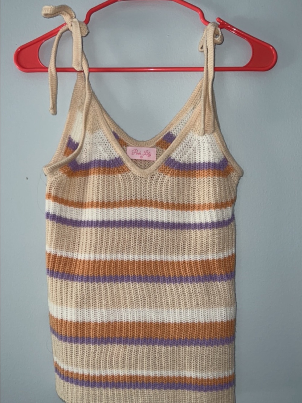 Pink Lily Cream, Tan & Purple Striped Tie-Shoulder Knit Tank